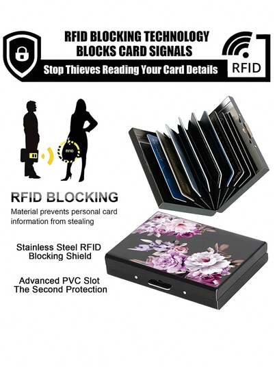 RFID Blocking Universal Metal Card Holder, Unisex, Colorful Floral Credit Card Wallet, Stainless Steel Business Card/ID Card Case, Super Slim Metal Wallet Fits 6/10 Cards