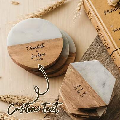 Posavasos personalizados de mármol y madera grabados, se pueden personalizar con texto/nombre y fecha, regalos de boda/fiesta de bodas con incrustaciones de mármol en madera, elegantes protectores de copas de champán y vino - Regalos personalizados para damas de honor, recuerdos de boda, regalos del Día de San Valentín - Lujo