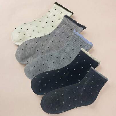 5 Pairs Polka Dot Mid-Calf Socks, Multi-Color Combination Women's Socks For Daily Wear