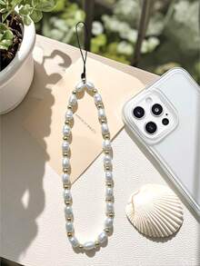 奢华珍珠元素 1 件巴洛克仿珍珠手机挂绳椭圆形仿珍珠间隔手机链复古优雅小众设计手机挂饰手机带礼物送给母亲、家人、朋友生日、节日、春季周年纪念日 - 白色 - 查看 5