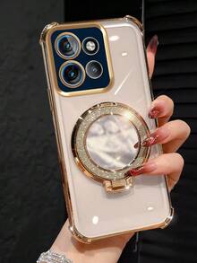 MewTrek Luxury Electroplated Transparent Gold Phone Case With Rotating Stand, Built-In Makeup Mirror, Glitter Diamond Y2K Style, Summer New Silicone Shockproof Soft Shell, Compatible With Samsung Galaxy S24 S25 Ultra FE A56 A16 4G 5G, Compatible With Xiaomi 14C, Compatible With Huawei Honor Reno Y2K Style Unisex 2025 - Gold - View 4