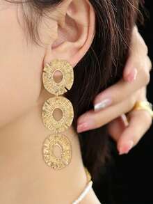 1 Pair Oval Multi-Layer Alloy Dangle Earrings For Women, Vintage Fashionable Metal Stainless Steel Long Drop Earrings, Suitable For Daily Wear And Party Occasions - Yellow Gold - View 4