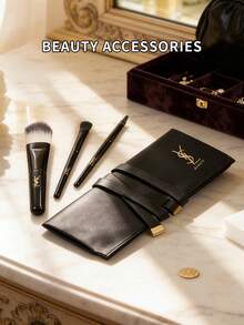 3pcs Essential Makeup Brush Set - Lip Brush, Eyeshadow Brush And Foundation Brush, Multi-Functional Cosmetic Tool Kit - Black - View 7