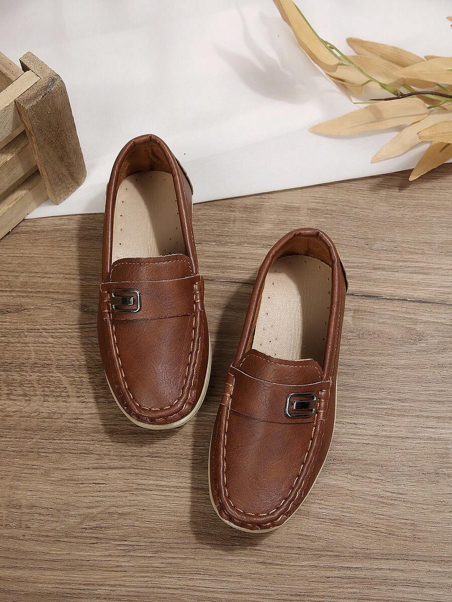 Boys' Flat Slip-On Shoes, Pure PU Leather, Handmade Stitching Design, Comfortable Flat Shoes For Spring/Autumn Travel & Casual Activities, Loafers - Brown - View 1