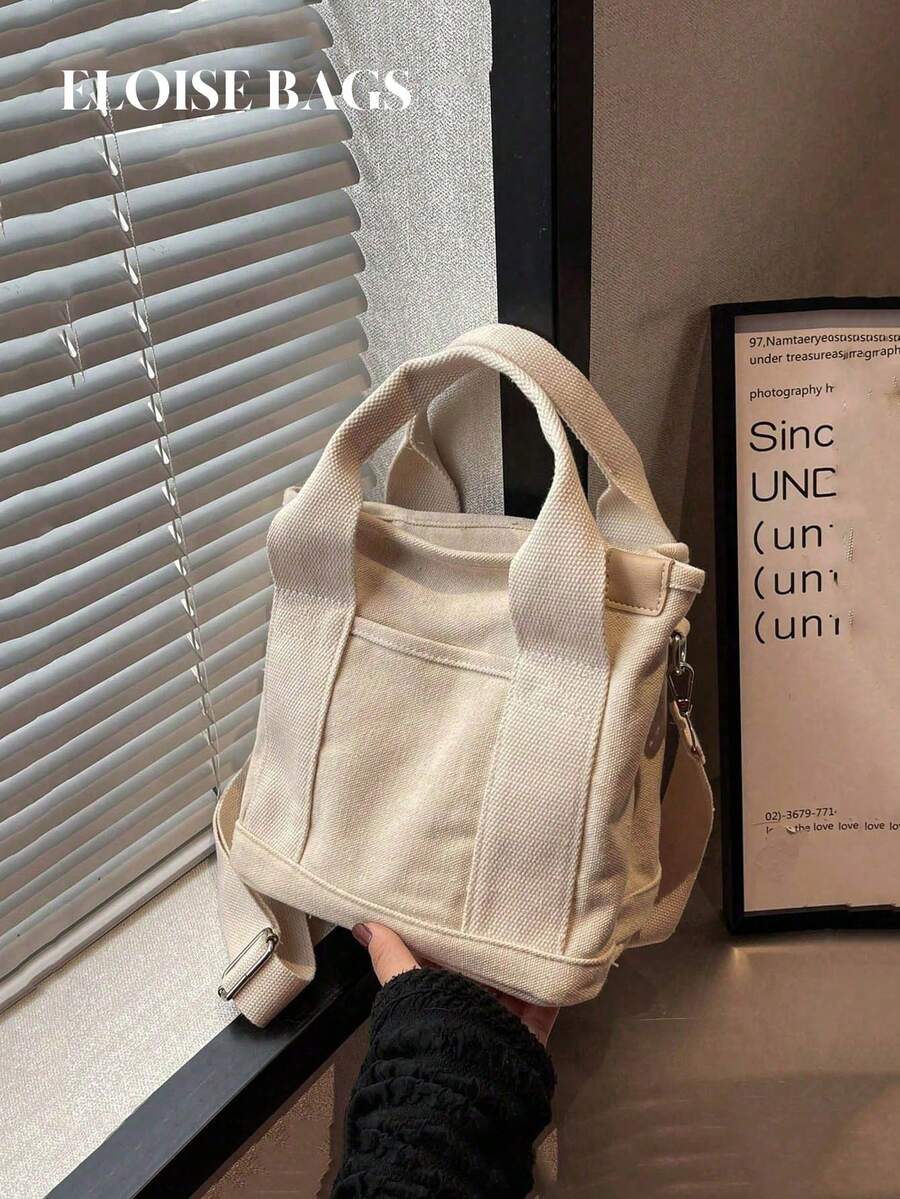 2025 时尚休闲帆布宽肩带斜挎包 - 米色 - 查看 1