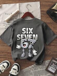 Tween Boys' Graphic Print Short Sleeve T-Shirt, Student Youth Casual Summer Top - Dark Grey - View 4