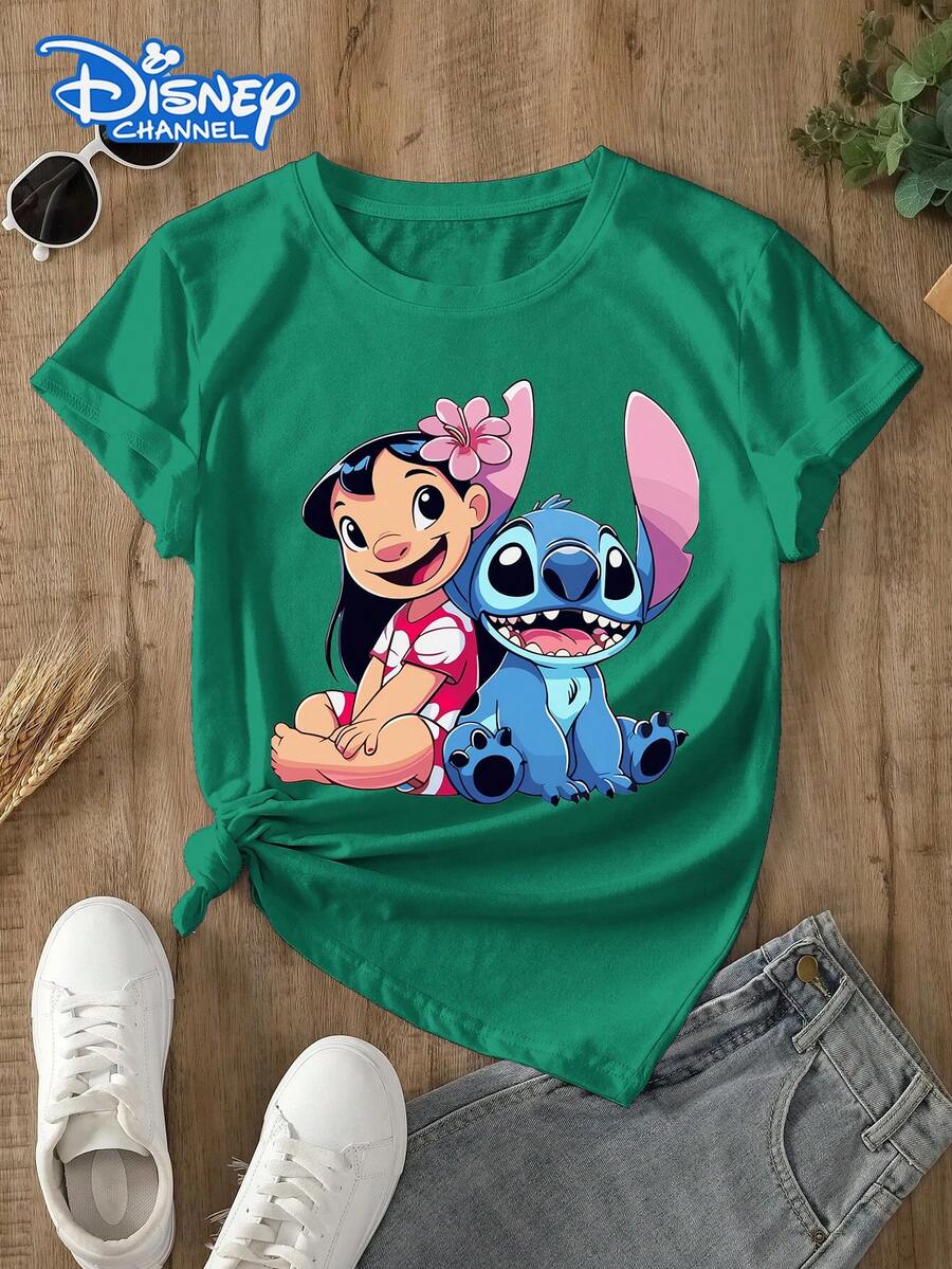 This Disney Women's T-Shirt Features A Stitch And Lilo Cartoon Print. Made Of Soft, Comfortable, And Durable Fabric, This Spring/Summer Round-Neck T-Shirt Is Suitable For Everyday Wear, Shopping, Parties, And Is Also A Great Choice As A Casual Outfit Or A Gift. - Green - View 1