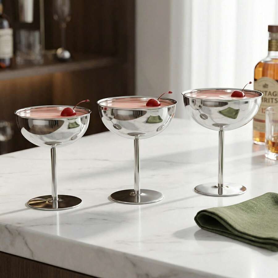 1 Set Stainless Steel Ice Cream Cup, Dessert Bowl, Round Pedestal Pudding Tray, Salad Fruit Yogurt Snack Candy Plate, Suitable For Party Use - Silver - View 1