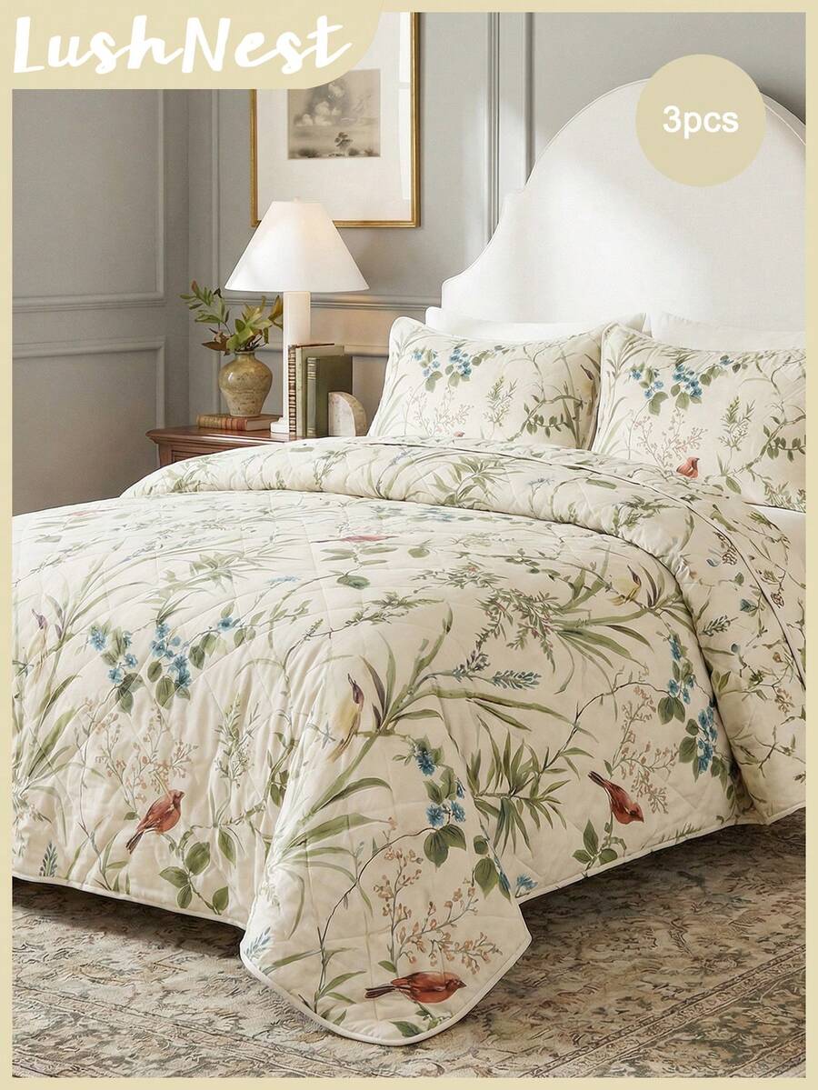 Bộ 3 món ga trải giường bằng polyester in họa tiết hoa và chim (1 ga trải giường + 2 vỏ gối, không bao gồm ruột gối), mềm mại và thân thiện với da, thích hợp sử dụng hàng ngày, cho phòng ngủ chính, phòng khách, mọi mùa, là món quà tuyệt vời, có thể đảo mặt, tông màu trung tính, chất liệu dệt gia dụng sang trọng, có thể dùng làm quà tặng trang trí nhà cửa, nâng cấp phòng ngủ thoải mái.