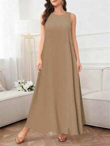 Women's Elegant Solid Color Casual Round Neck Sleeveless Loose Dress, Summer - Coffee Brown - View 2