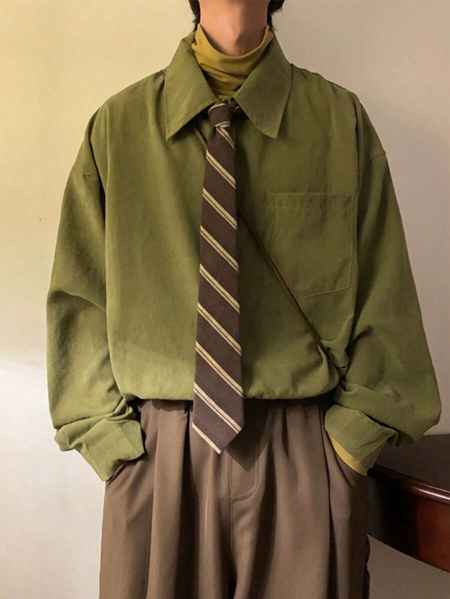 1pc Men's Coffee Striped Polyester Necktie, Collegiate Style Suitable For Daily Wear - Coffee Brown - View 1