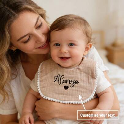 1pc Embroidered Custom Baby Bibs With Ruffle Edges, Muslin Flower Trim Drool Bibs, Cute Infant Bibs Suitable For Baby Boys And Girls, Can Be Used Year-Round, Great Newborn Gift