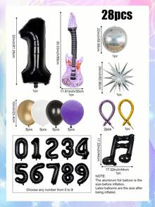 28件音樂主題數字氣球套組，包含數字、吉他、迪斯可球、爆裂星、音符，適用於K-POP主題派對、迪斯可主題派對、音樂節主題、生日裝飾、嘻哈主題裝飾、80年代90年代派對裝飾 - 彩色 - 查看 2