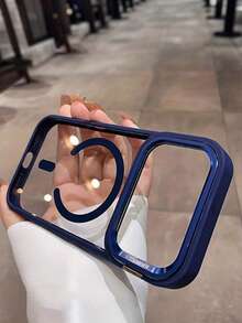 奢华橙色磁吸无线充电手机壳，兼容 17 Pro Max、Air 16、15、14、13、12 Pro Max Plus，金属镜头，独立镜头盖，亚克力背板，防震透明保护壳 - 藍色 - 查看 3