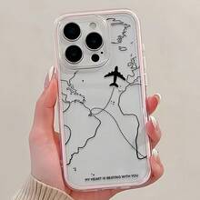 1pc Pink Framed Transparent Minimalist Camera Lens Protection Anti-Fall Anti-Collision Black Line Airplane Flight Map English Letter Pattern Phone Case, Personalized For IPhone 16 Pro Max, 17/16/15/14 Plus, 13/12/11, Air - Multicolor - View 3