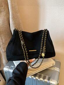 复古麂皮大容量手提包，新款时尚链条单肩包，多功能通勤托特包 - 黑色 - 查看 1