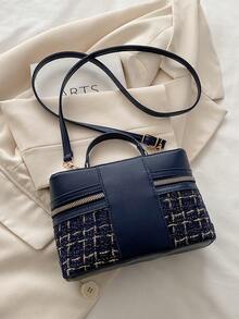 女士羊毛复古手提包/盒子包，新款时尚格子通勤单肩斜挎包 - 藍色 - 查看 3