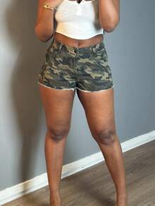 Women's Stretch Camo Mini Cargo Shorts With Pockets - High Waist Denim Shorts For Women, Stretchable Comfort Fit, Stylish Casual Summer Shorts - 軍綠色 - 查看 8