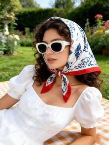 1Pc 70x70cm Square Silk Scarf For Women, Satin Printed Headscarf, Neckerchief, Headband, Fashion Shawl & Scarf - Red Edge Blue and White - View 1