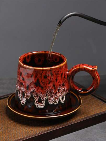 1pc 220ml Retro Kiln-Fired Ceramic Concentrated Latte Cup, Creative Coarse Pottery Tea Bowl, Cute Household Mug, Elegant Office Cup For Men & Women, Party & Graduation Gift, Personal Cup (Kiln-Fired Color May Vary Slightly)