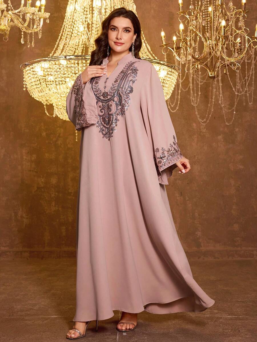 Đầm dạ hội thanh lịch bằng vải satin đính sequin dáng dài cổ tròn dành cho nữ cỡ lớn SUPGIR, màu hồng xuân. - Hồng - Xem 1