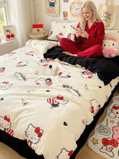  Sanrio 3pcs Duvet Cover Set - 1 Duvet Cover + 2 Pillow Shams (No Filling), Hello Kitty Cartoon Bedding Set, Soft & Comfortable, Suitable For Dorm, Home, Hotel, All Seasons, Zipper Closure, Multiple Colors, Extra Large Size