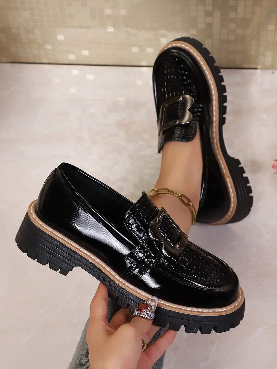 Women's New Thick Sole Loafers, Fashion Versatile Buckle Leather Shoes, Flattering Slip-On Shoes For All Seasons