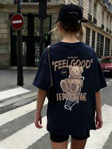 1pc Tween Girls' Printed Short Sleeve T-Shirt, Summer Youth Student Casual Tops, Tops - Navy Blue - View 3