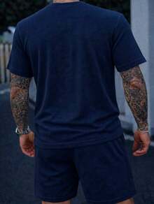 Textured T-Shirt And Shorts Set, 2-Piece Kit, New Release, Premium Fabric - 藏蓝色 - 查看 2