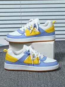 新款彩色拼接男士休闲运动鞋，平底舒适百搭TPR鞋底，无印花户外运动滑板鞋，男女皆宜，四季皆宜，适合日常通勤和旅行。 - 白淺紫黃 - 查看 2