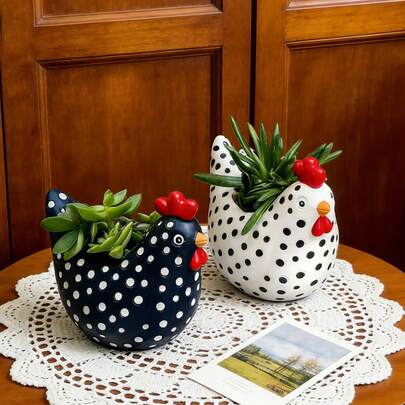 Classic Black & White Chicken Shaped Resin Flower Pot, Hen & Rooster Design Decorative Planter, Dotted Pattern Indoor/Outdoor Garden Decor, Multi-Piece Set
