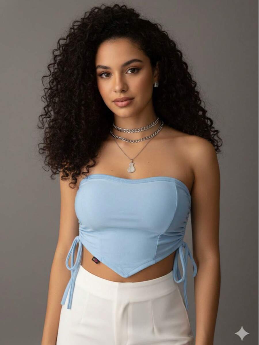 Women's Cropped Top With Band And Tie With Suplex Cup Strapless Blogueirinha One Size - Fits Sizes 36 To 42 - 淺藍色 - 查看 1