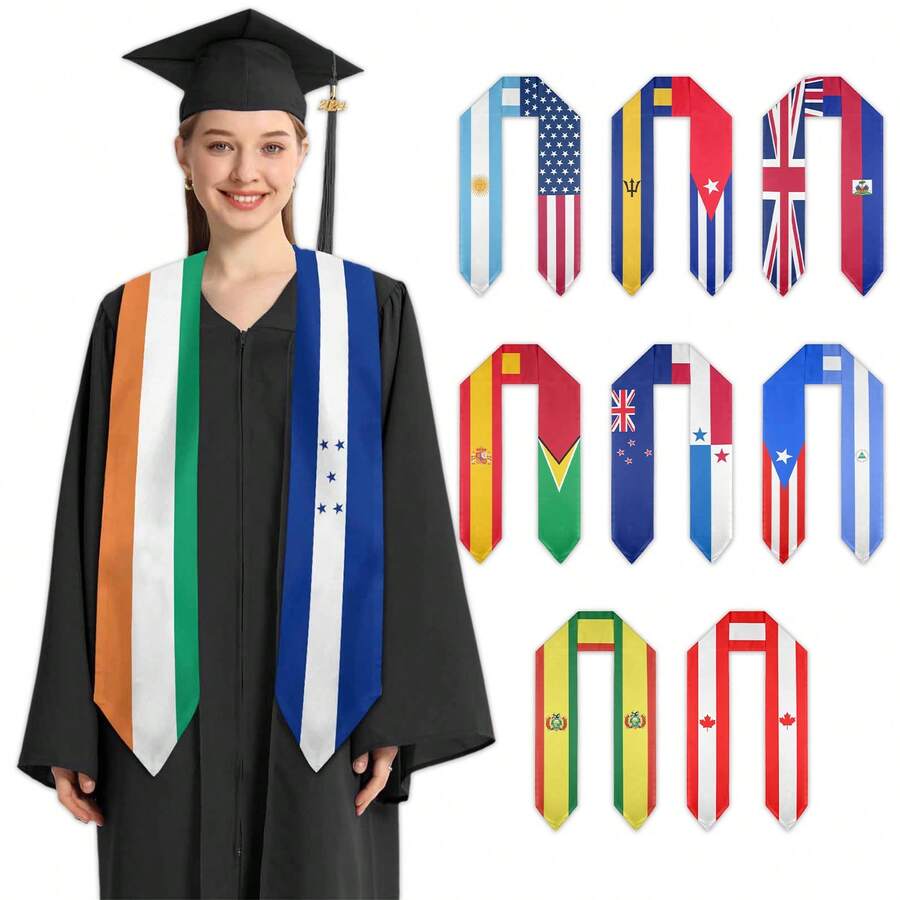 1PC Custom Mixed Country Flag Graduation Sash- Personalized Name Graduation Graduation 2026 Gift - Personalized Graduation Sash With Photo Text - Graduation Ceremony Gifts For Unisex Adults 72" Long - Design 04 - View 1