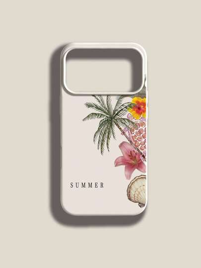 غطاء هاتف من نسيج TPU ناعم ومقاوم للصدمات والخدش، بنمط شجرة جوز الهند الصيفية البسيطة، السلحفاة البحرية الوردية والزهور، متوافق مع هواتف آبل 11/12/13/14/14بلس/15/15بلس/16/16بلس/7/8بلس/17/17برو وما شابه