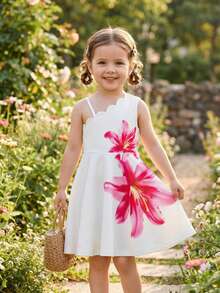 BASUSARRI Abito da ragazza con stampa floreale, stile vacanziero, con spalla asimmetrica, elegante e versatile per vacanze e uscite estive, abito lungo da ragazza per l'estate - Bianco - Visualizzare 3