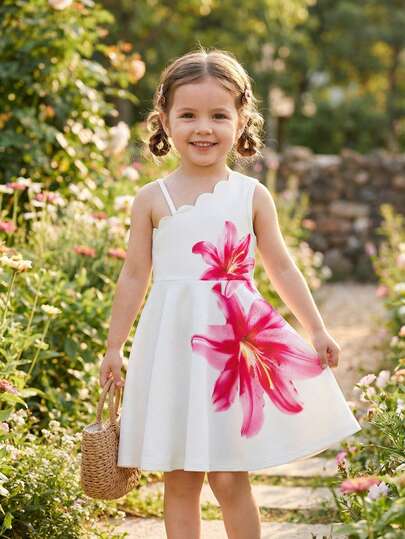 BASUSARRI Young Girls Vacation Style Asymmetrical Shoulder Strap Floral Print Dress, Elegant Dress, Versatile Fashion Young Girl Vacation Beach Outing Dress, Summer Girls Maxi Dress