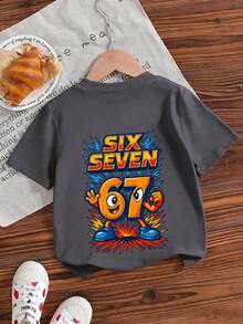 男童休闲印花圆领短袖T恤，夏季上衣 - 深灰色 - 查看 4