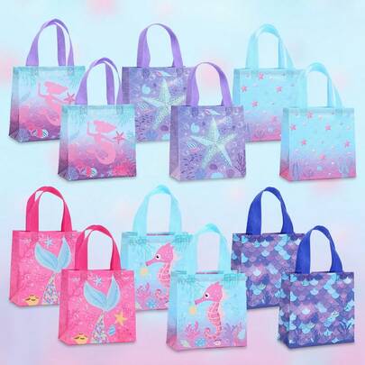 6/12/24 piezas Bolsas de regalo de tela no tejida con temática de la serie de sirenas y tema oceánico, con estampado de caballito de mar y estrella de mar. Bolsas de tote portátiles con asas para centro comercial, picnic en la playa, viaje a la isla, feliz cumpleaños