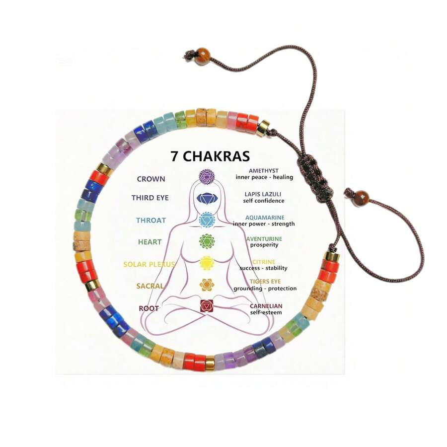 七脉轮能量手链，天然水晶石珠，舒缓焦虑，男女皆宜的瑜伽配件，手工宝石礼品 - 彩色的 - 查看 1