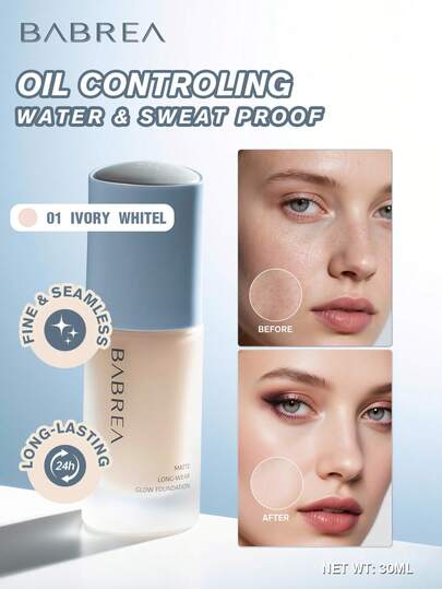 babrea 24小时持久遮瑕哑光粉底液，轻盈防水，控油，隐形毛孔