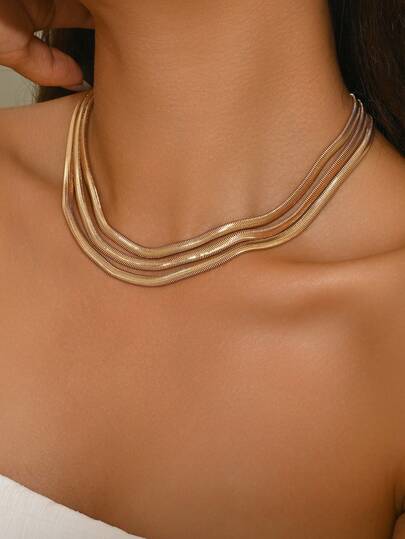 1pc Minimalist Multi-Layer Gold Thick Snake Chain Necklace Set, Fashionable Versatile Plain Chain Necklace, Suitable For Daily Wear And Party Occasions