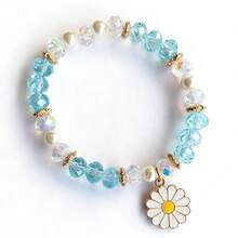 Vòng cổ cho chó làm thủ công bằng ngọc trai và hạt cườm, vòng cổ thời trang cho thú cưng với đá pha lê màu xanh lục, mặt dây chuyền hình hoa cúc. - Màu xanh nhạt - Xem 7