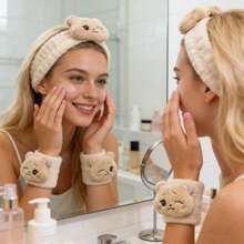 3件套Kpop偶像官方角色毛绒发箍套装——可爱熊耳和兔耳发箍，柔软弹力头巾，粉丝生日礼物 - 查看 9
