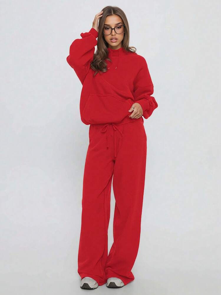 LOVE JOYY High Street Fashion Women's Loose Long Sleeve Pullover Pullover Sweatshirt With Angel Wing Rhinestone Decor, Spring Kangaroo Pocket Hooded Sweatshirt, Bling Bling Street Style - Red - View 4