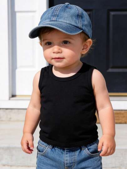 1件新生儿男女宝宝休闲可爱复古风圆领柔软舒适黑色背心，适合户外活动、社交聚会、周末玩耍、春夏季节穿着。