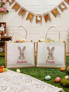 Customized Faux Embroidery Easter Tote Bag, Personalized Easter Basket Tote Bag, Floral Bunny Easter Gift, Letter Print Tote Bag, Linen Bag - Style 19 - View 3