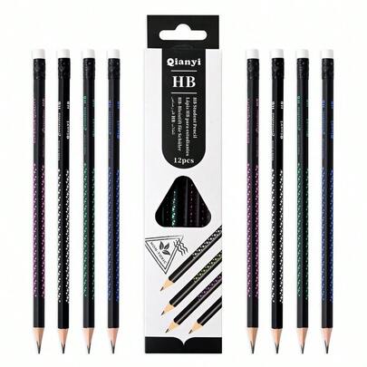 12 Triangular Black Printed Pencils - Easy And Comfortable To Hold, Stable Lead Not Easy To Break