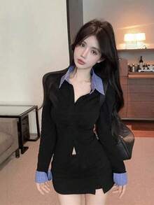 学院风 Polo 领开衫长袖上衣，腰部褶裥撞色格纹，适合初秋穿着 - 黑色 - 查看 3