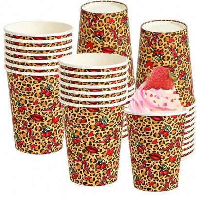 10/20/40pcs 9oz Cherry And Cheetah Party Cups Red And Black Leopard Print Birthday Party Decorations Disposable Red Lips Cherry Leopard Paper Cups For Birthday BabyShower Wedding Party Favors