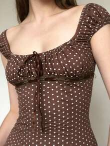 Women's Y2K Polka Dot Milkmaid Tops Cap Sleeve Square Neck Tie Front Ruched Bust Slim Fit Shirts Vintage Casual Going Out Tops Streetwear Coquette Aesthetic Clothes Summer Tee - 棕色 - 查看 2